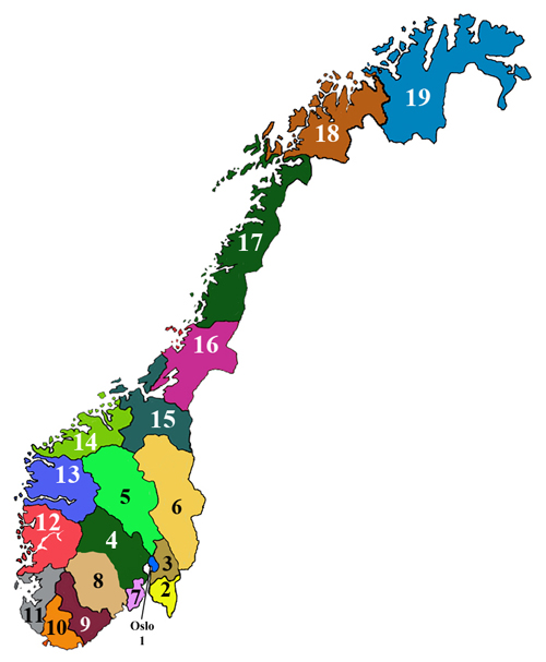Pre-2020 Fylke map of Norway